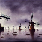 Tranquil waterscape with windmills and boats in twilight sky