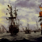 Fantasy scene: ships on dark waves under multiple moons, with figures in boat