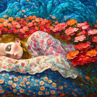 Woman Sleeping Surrounded by Orange Flowers on Blue Background