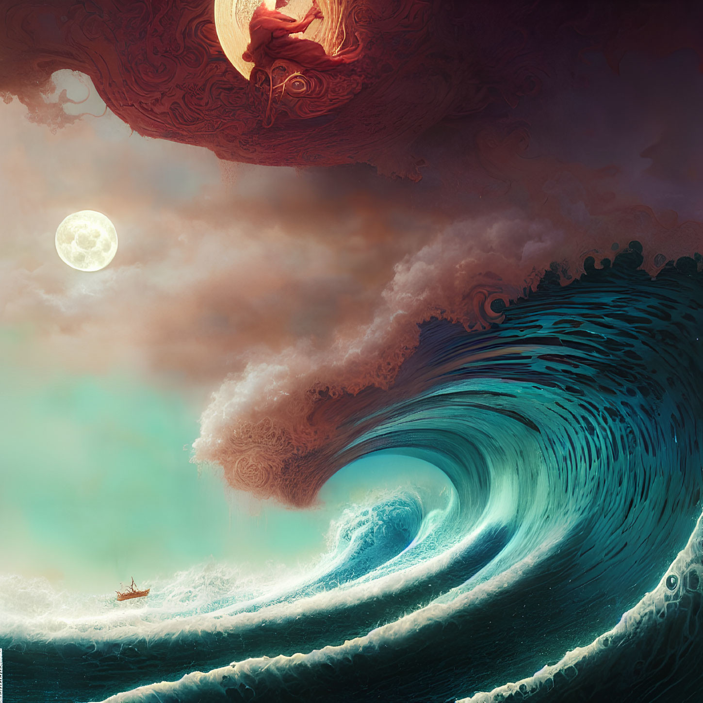 Surreal artwork: massive wave, boat, full moon, ornate clouds with face hints