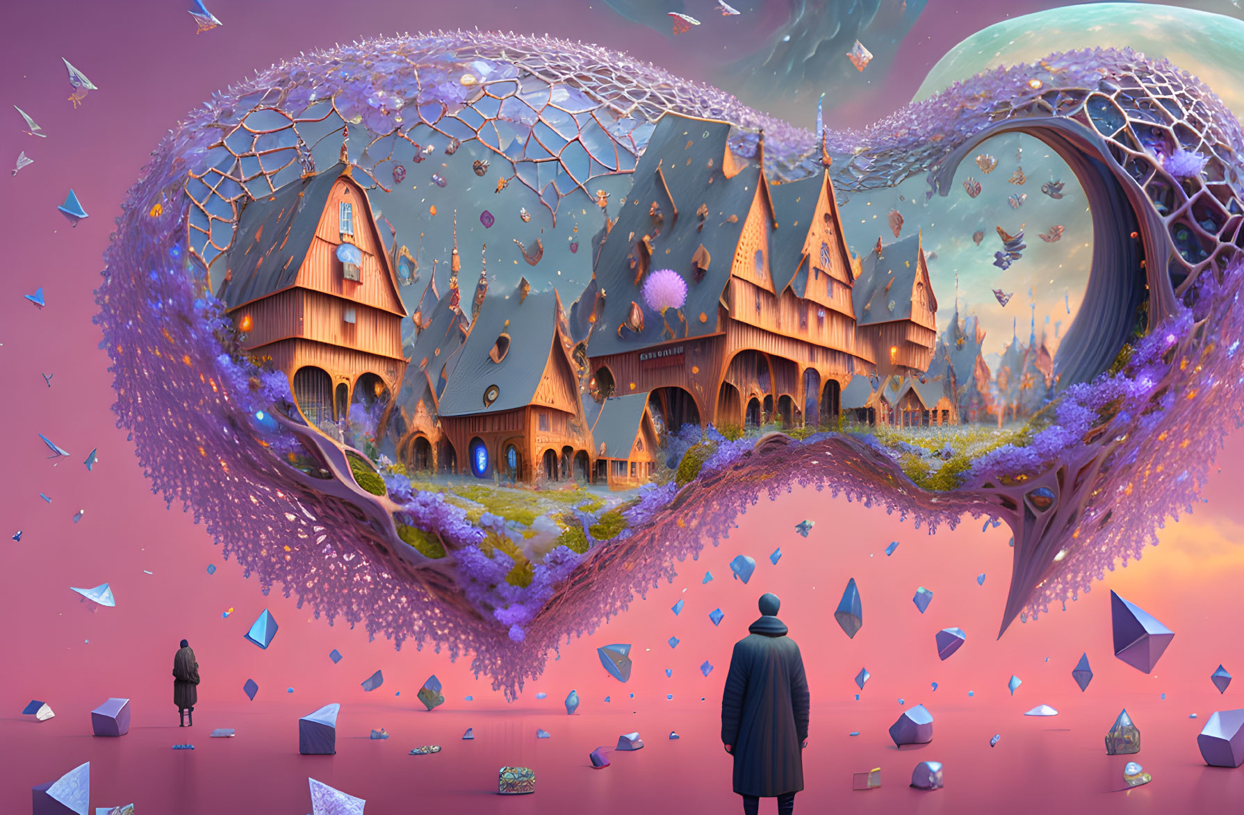 Fantastical landscape with heart-shaped structure, castle, crystals, and figures under pink sky