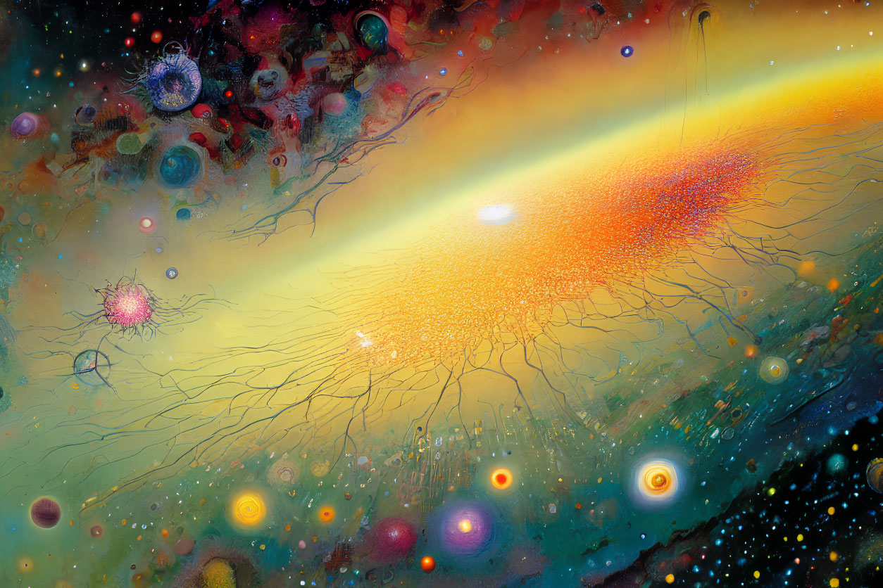 Colorful cosmic scene with glowing sun and intricate neuron-like networks