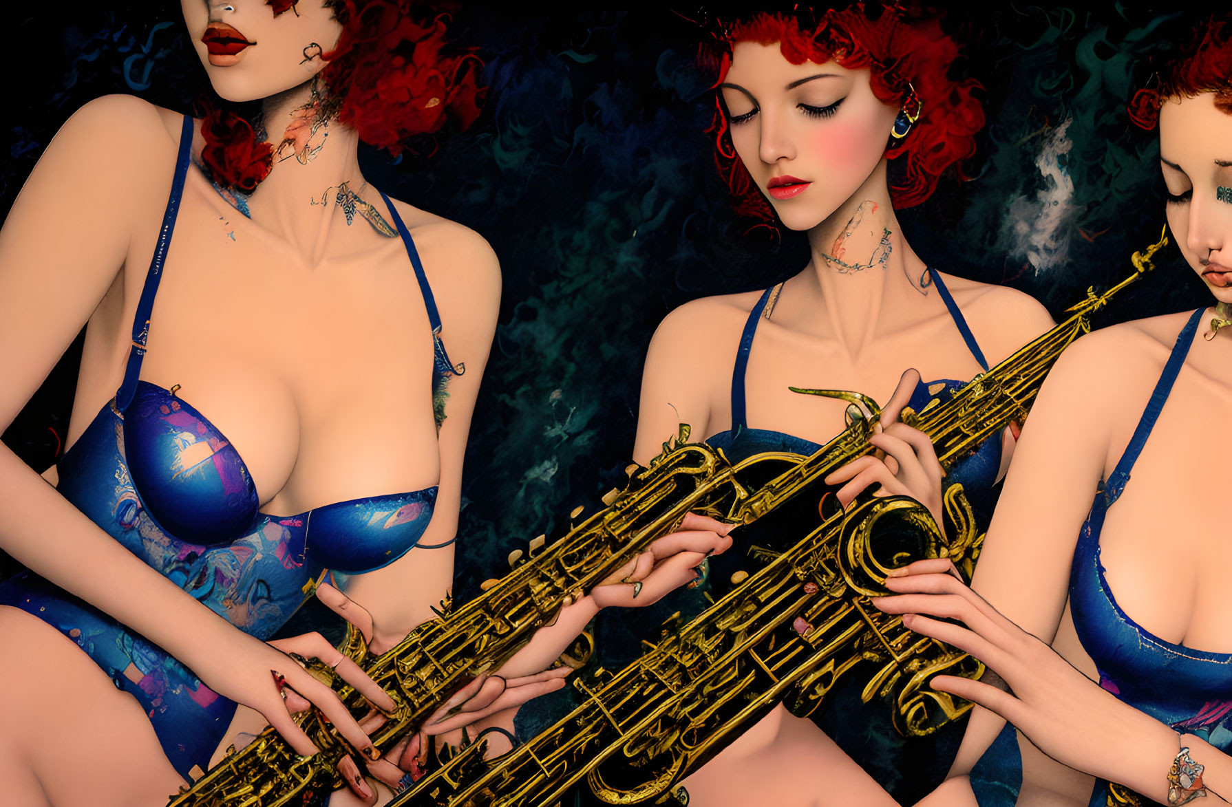 Red-haired woman in blue lingerie playing saxophone in three versions