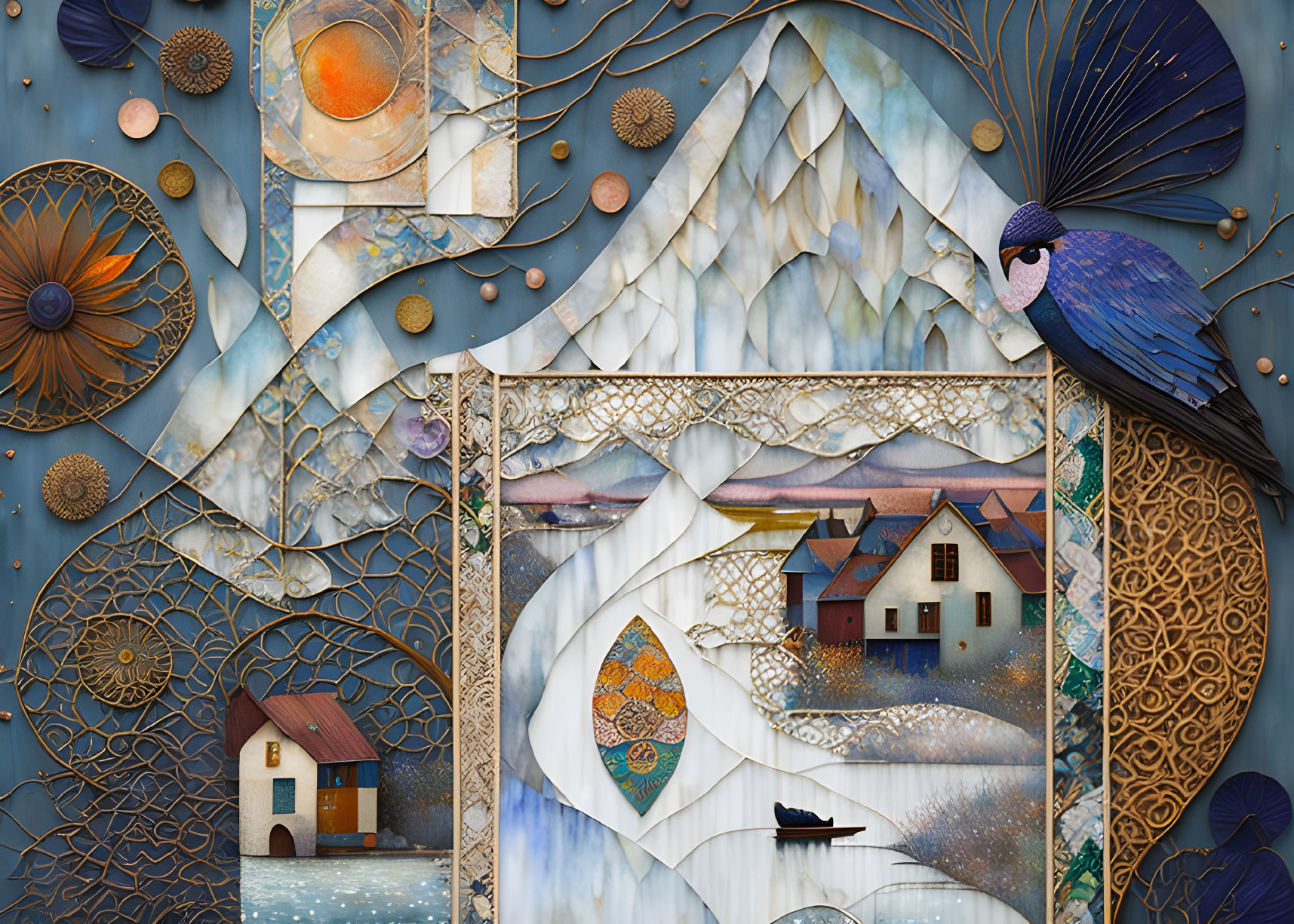 Vibrant mixed-media artwork: stylized landscape, houses, peacock, geometric patterns