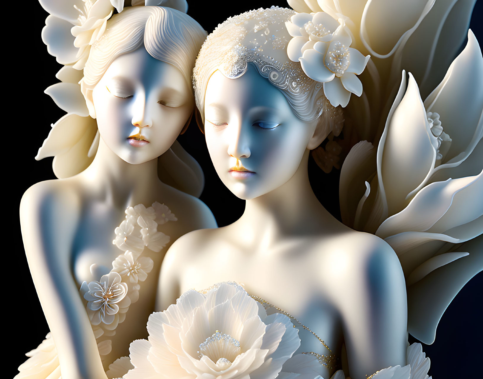 Porcelain-like figures with floral embellishments on dark background