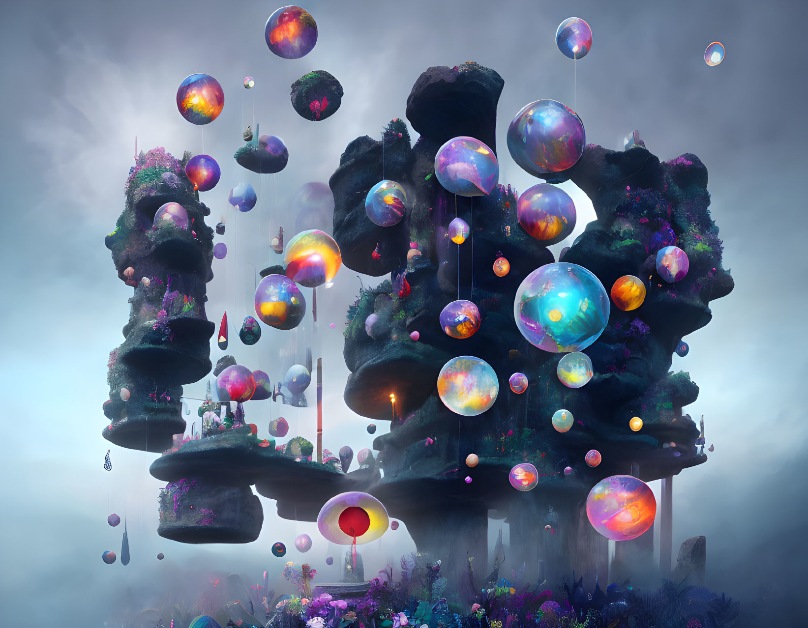 Mystical floating rock formations with lush vegetation and iridescent bubbles