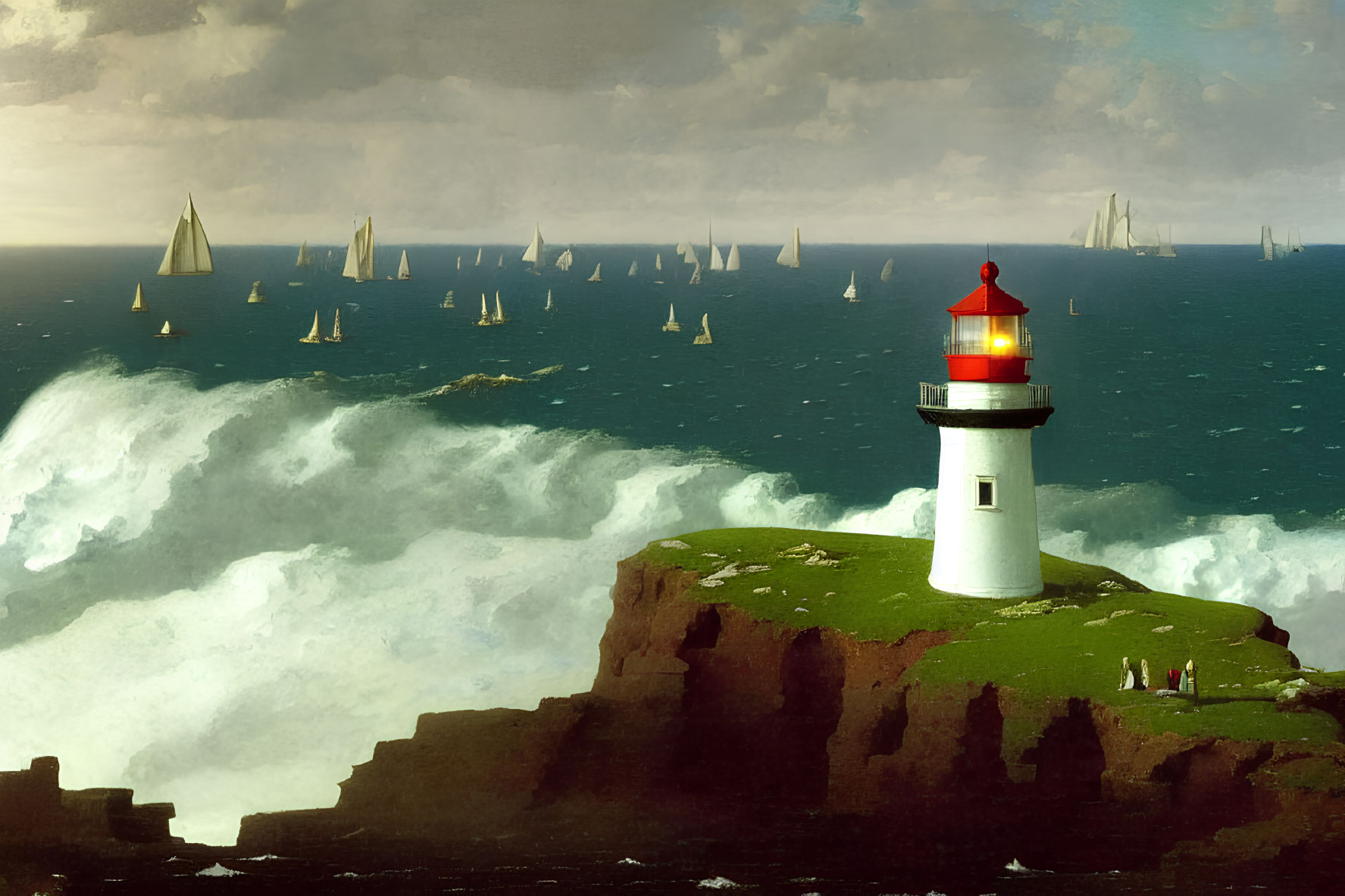 Scenic lighthouse on cliff overlooking sea with sailboats