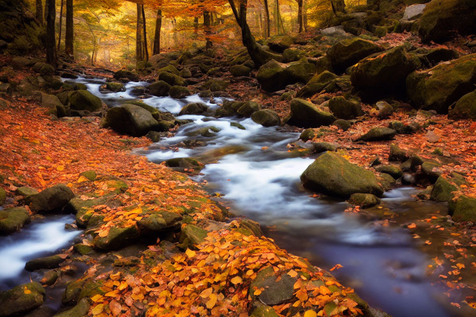 Tranquil Autumn Stream in Forest with Moss-Covered Rocks