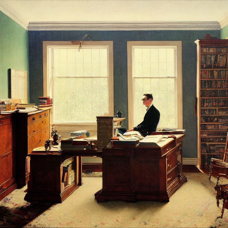 Vintage office scene with person at wooden desk and books.