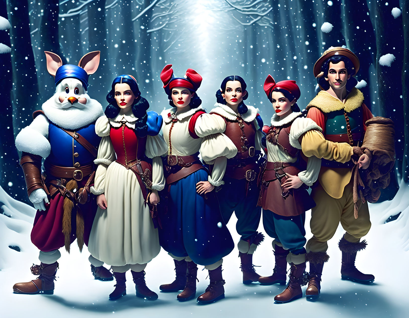 Six animated characters in fairy tale attire in snowy forest pose.