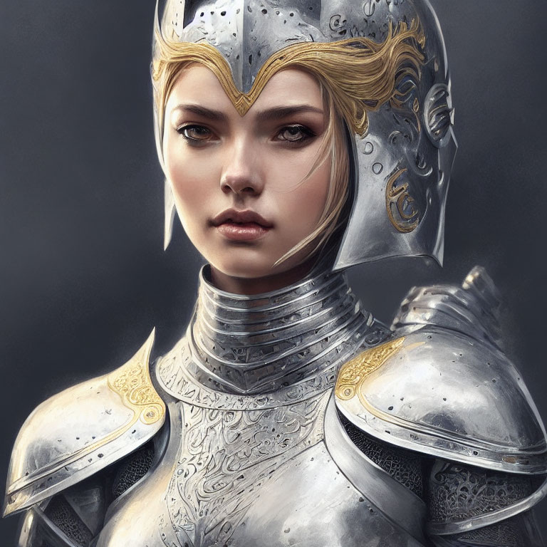 Medieval armor portrait of a young woman with ornate gold-detailed helmet