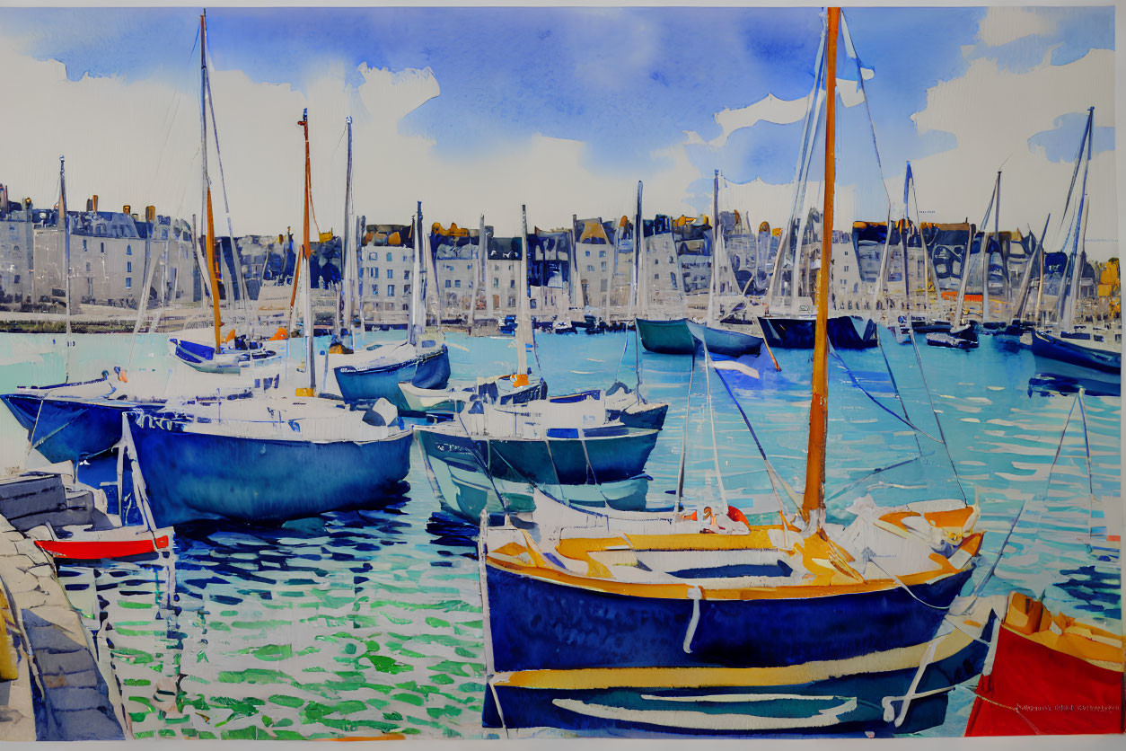 Harbor Watercolor Painting with Sailboats and Buildings