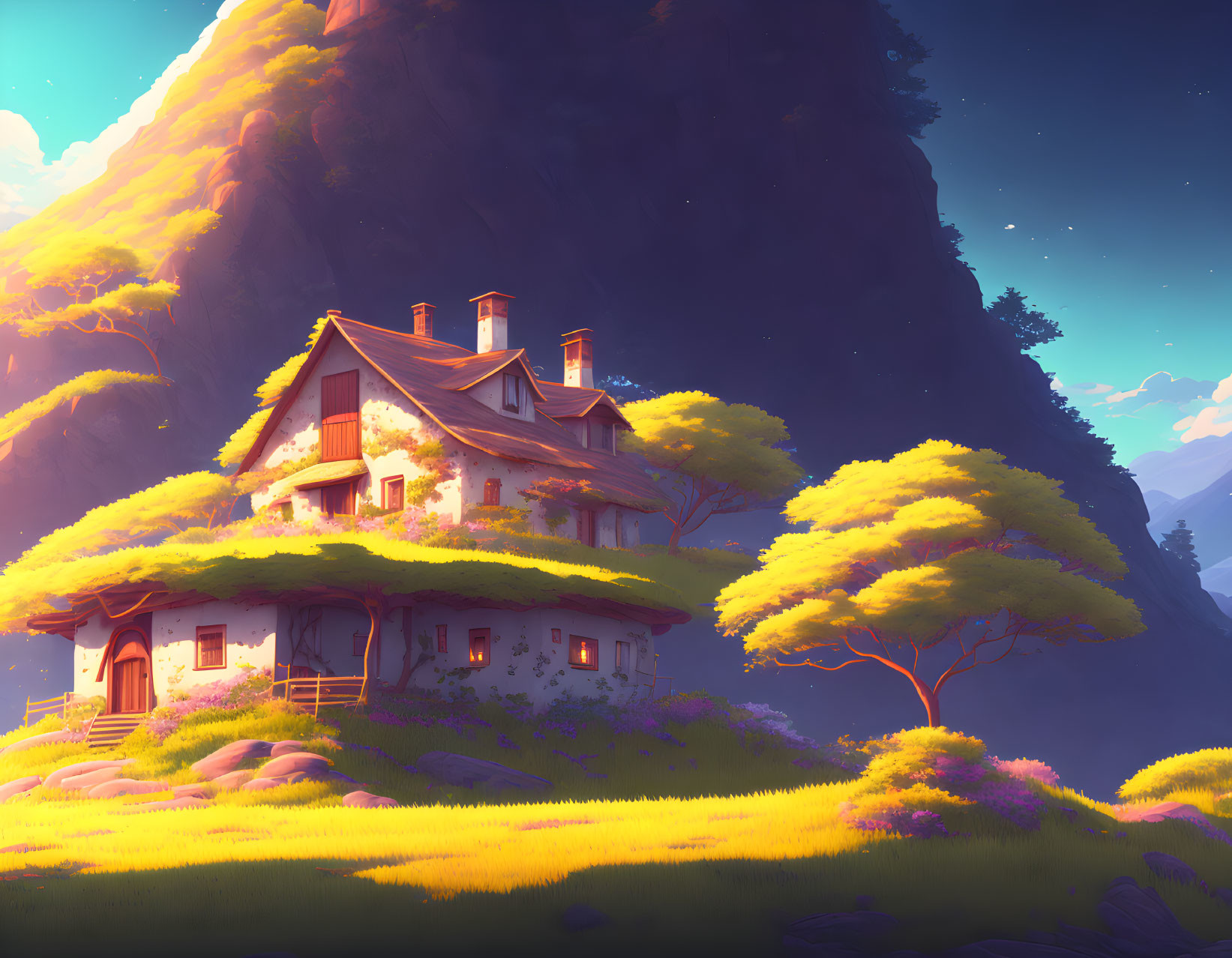 Mountain Cottage Surrounded by Trees Under Twilight Sky