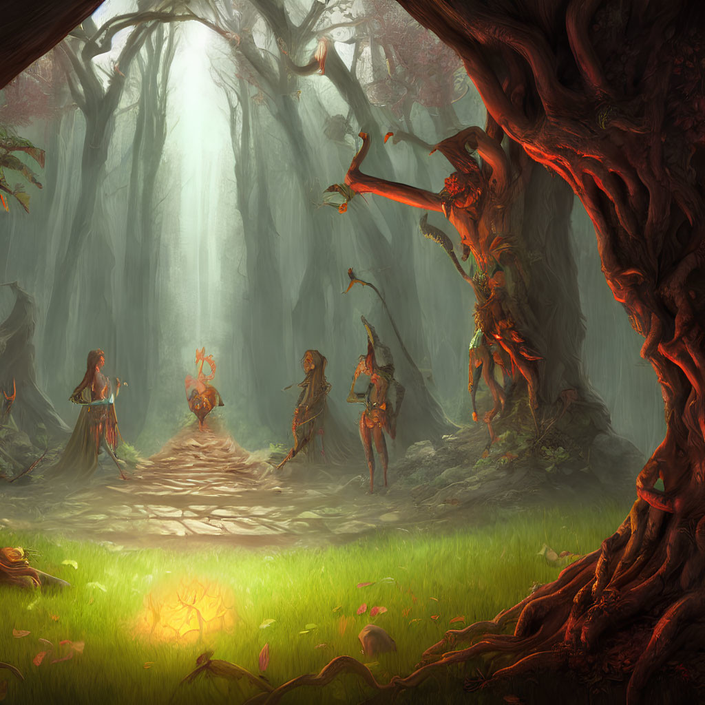 Enchanting forest scene with humanoid tree creatures and small characters in sunlit glade