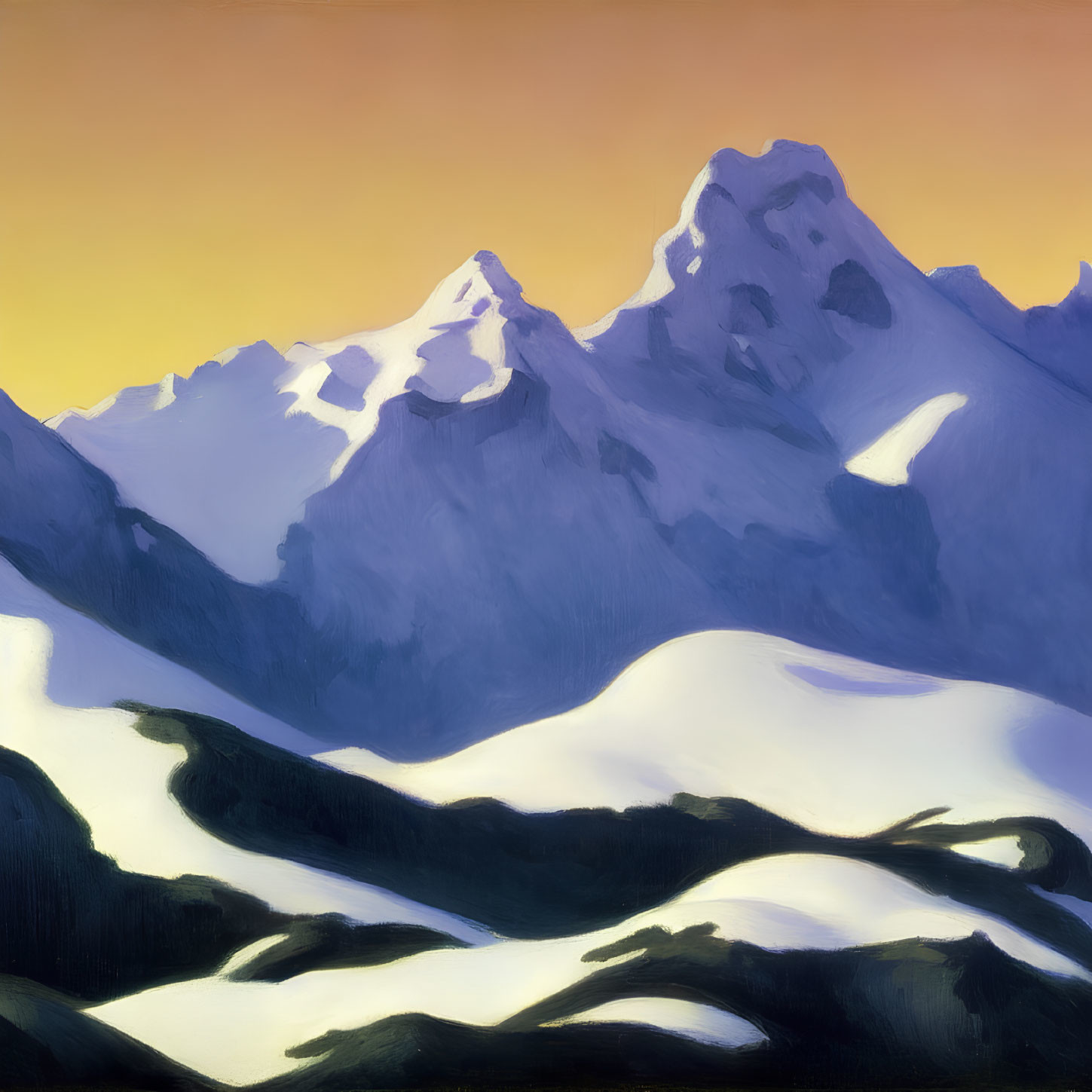 Snow-covered mountain landscape at sunset with golden sky and sharp peaks