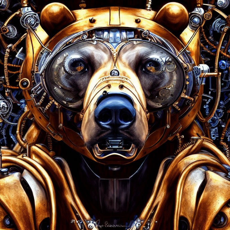 Steampunk-style Mechanical Dog Head with Gold and Blue Metallic Parts