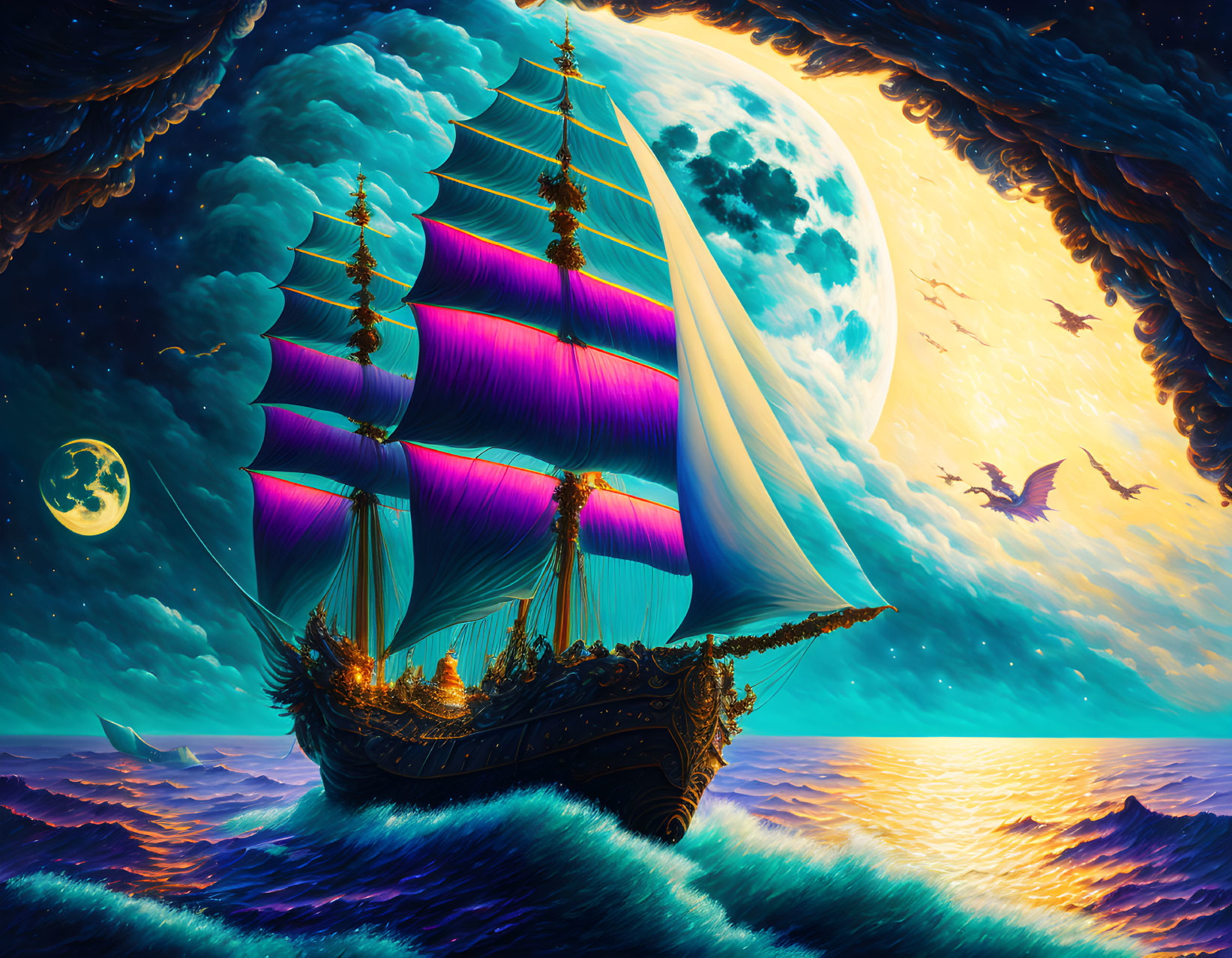 Fantasy illustration: ship with purple sails on moonlit sea with swirling sky, two moons, and