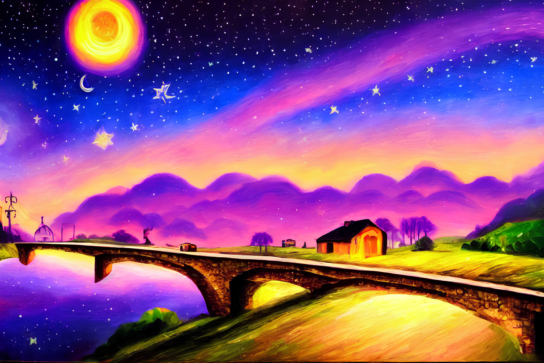 Colorful painting of whimsical night sky with yellow swirl, stars, crescent moon, stone bridge