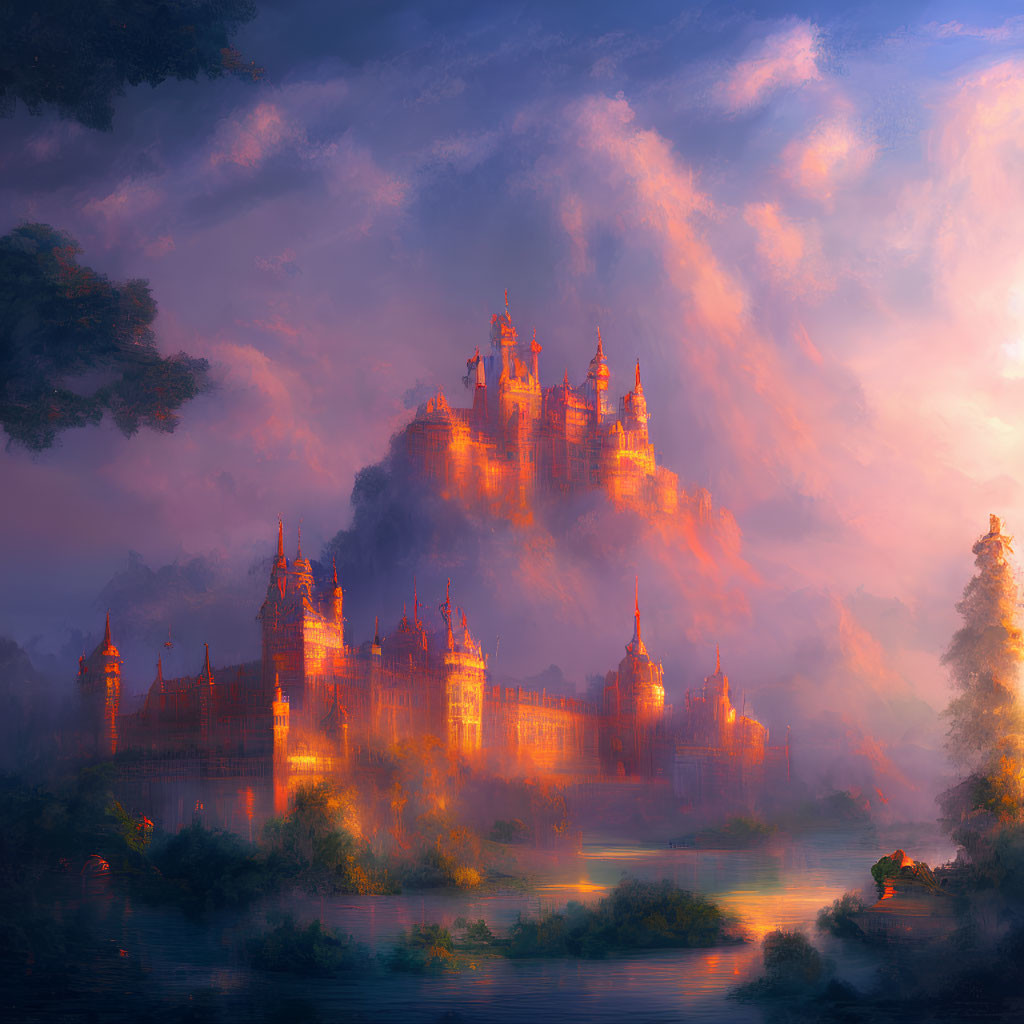 Majestic castle in mist above serene river at dawn or dusk