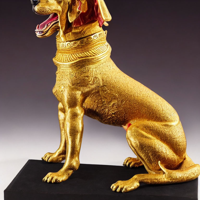 Intricately designed golden seated dog sculpture on black stand