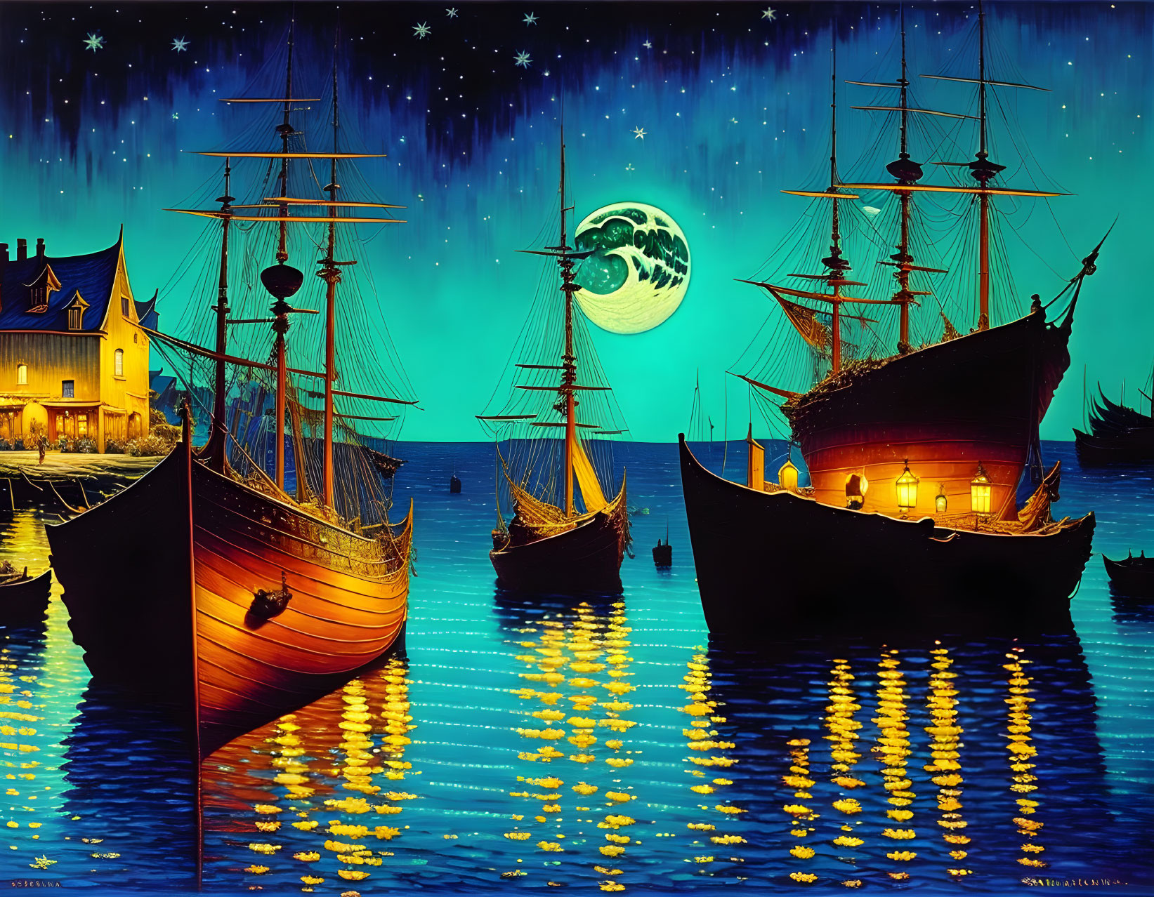 Artwork of tall ships in a nocturnal port with luminous moon and stars reflecting on calm waters