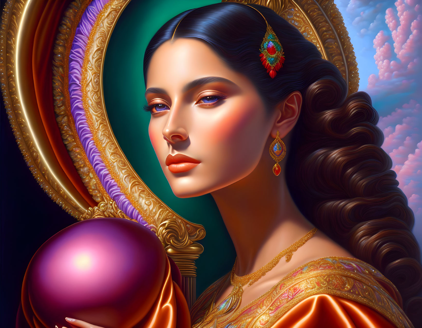 Digital painting of woman with braid and ornate jewelry holding glowing orb in cloud-filled backdrop.