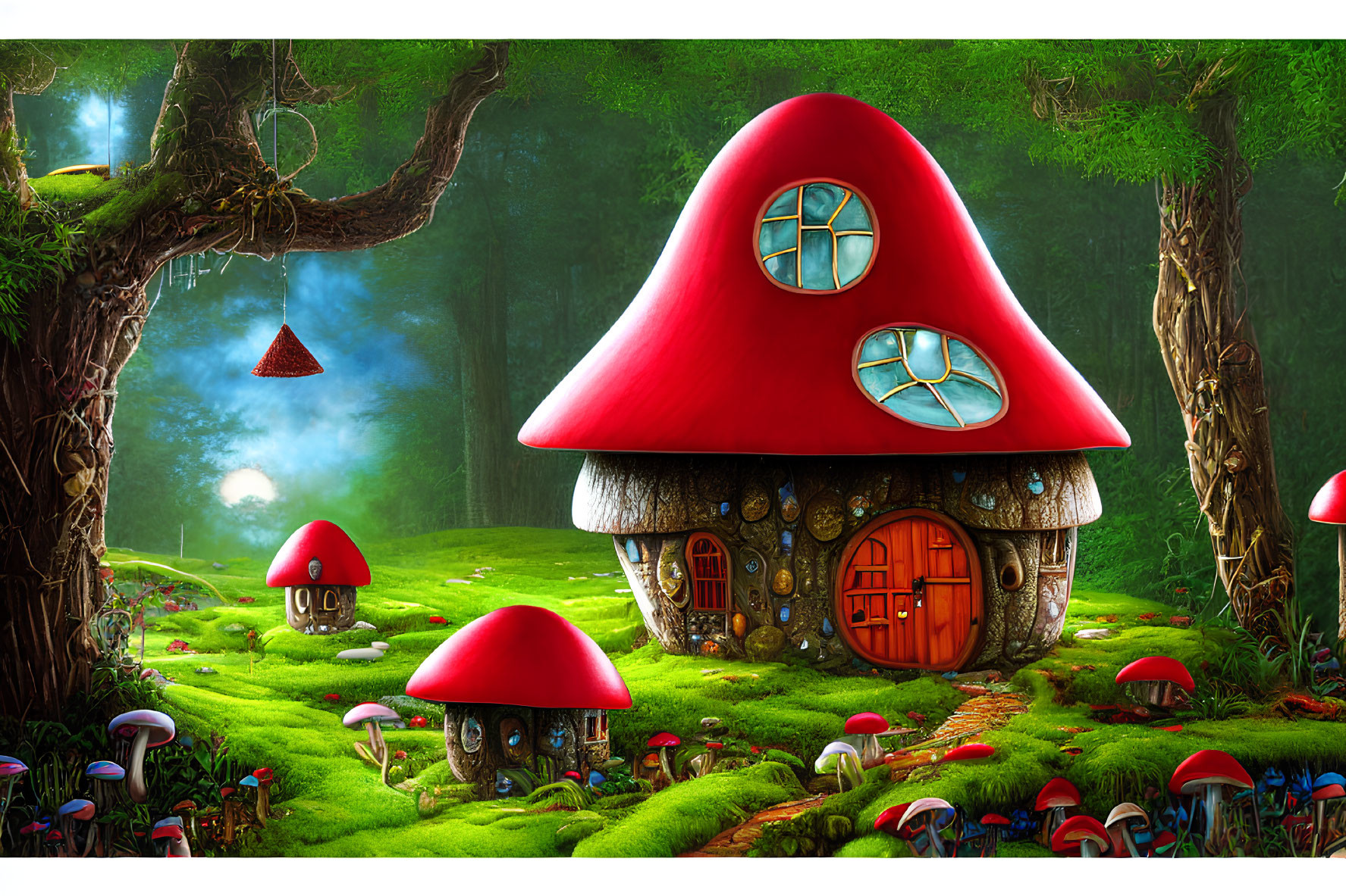 Vibrant forest illustration with fantasy mushroom houses