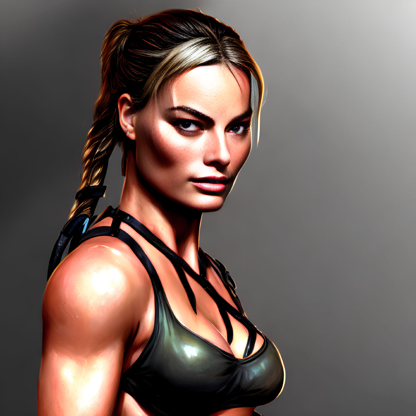 Strong Female Character in Black Tank Top with Braided Ponytail