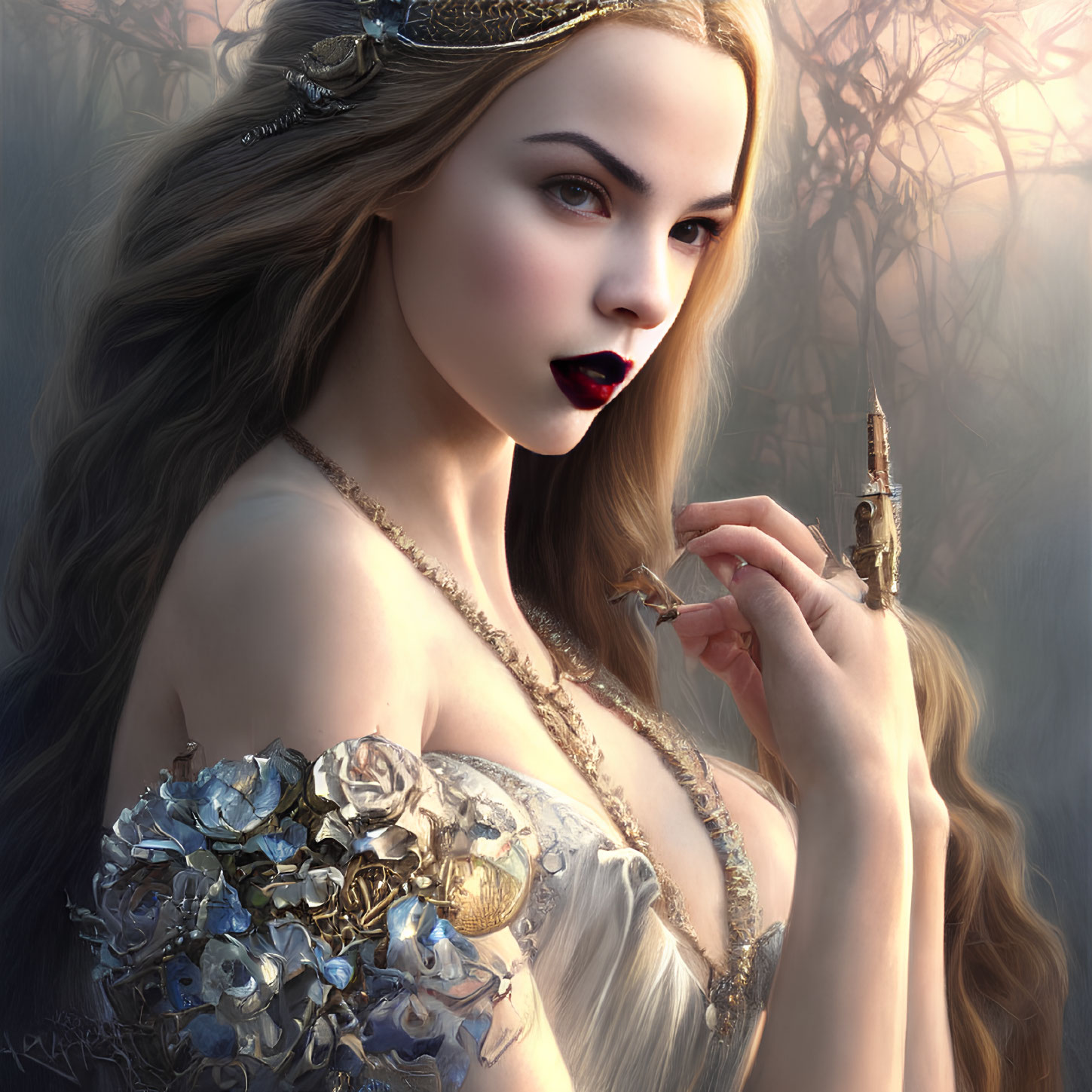 Fantasy digital art: Porcelain-skinned woman with golden hair and crystal flower.