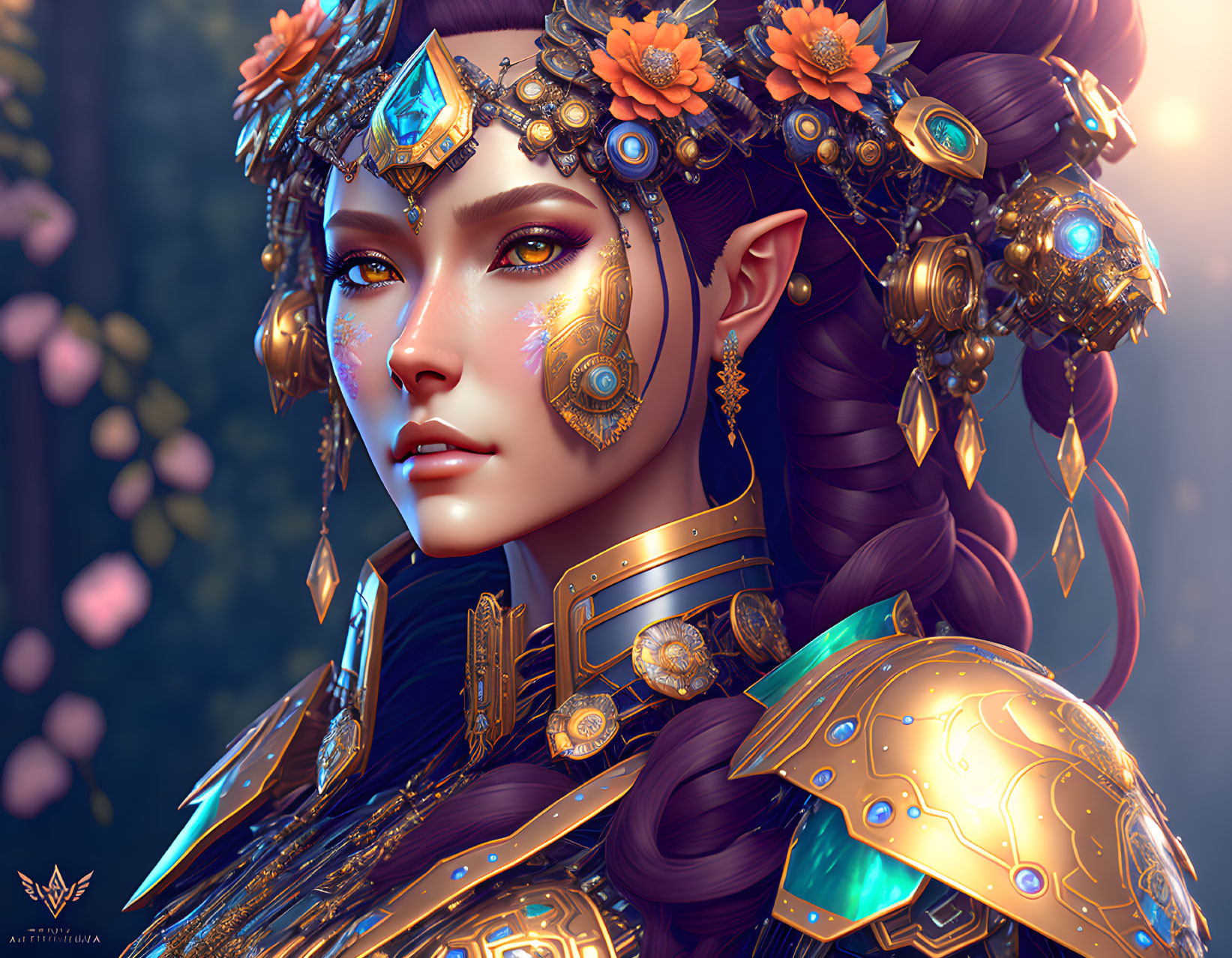 Elaborate Golden Headgear and Armor on Fantasy Elf