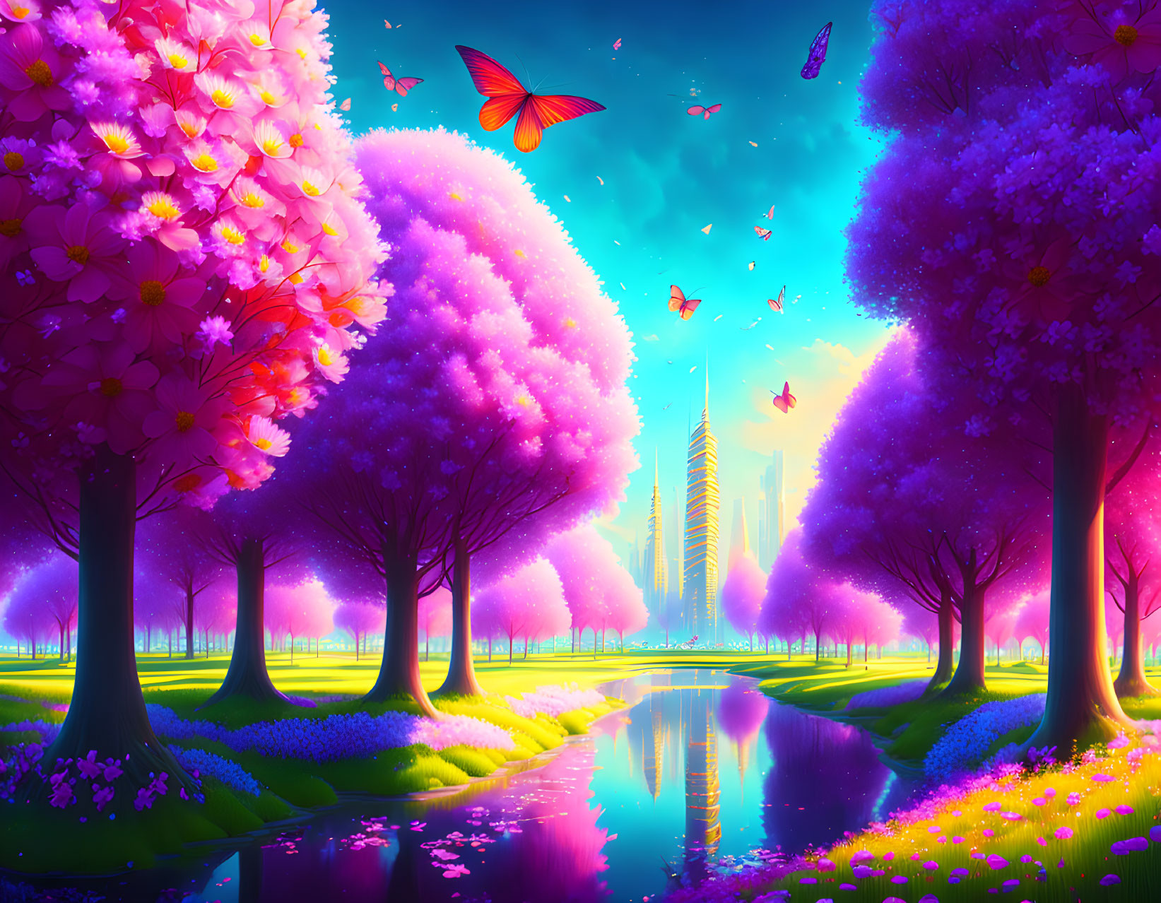 Colorful fantasy landscape with pink and purple trees, butterflies, and futuristic cityscape.