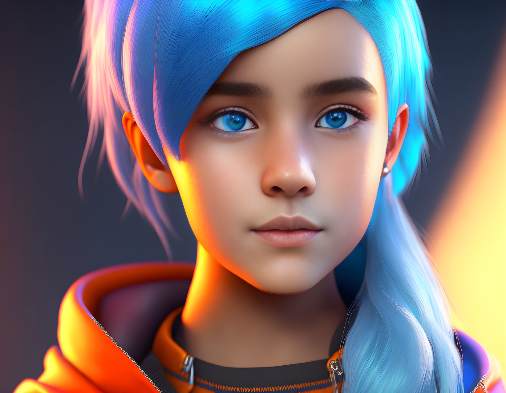 Close-Up Digital Portrait of Girl with Blue Eyes and Blue Hair in Colorful Hoodie Against Moody Background