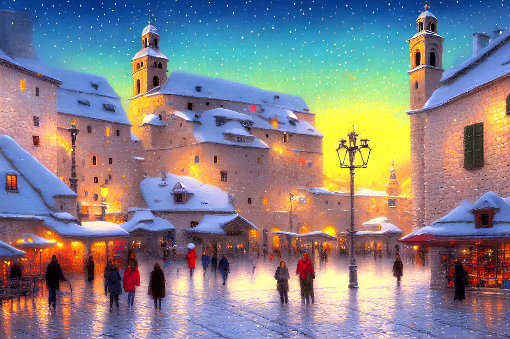 Snow-covered market square at dusk with warm lights and people in winter attire.