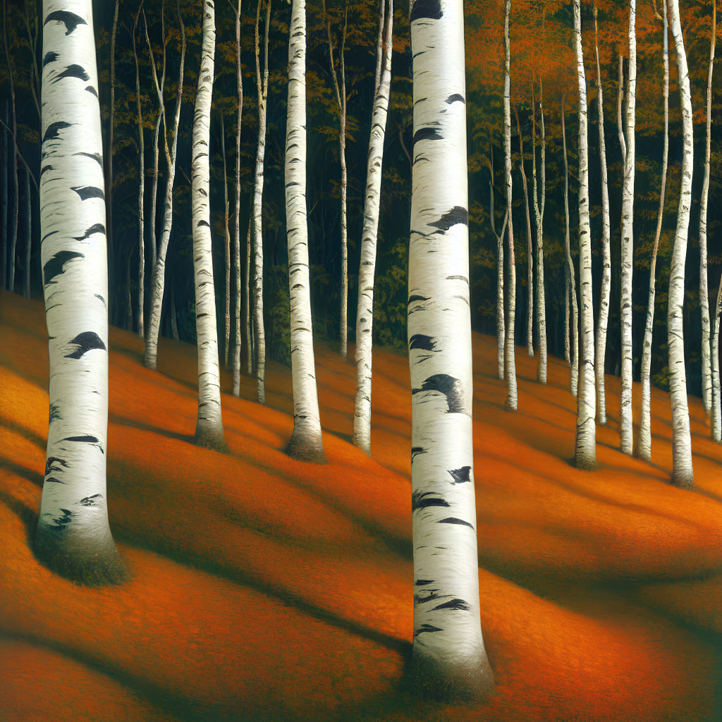 Tranquil White Birch Forest with Orange Fallen Leaves