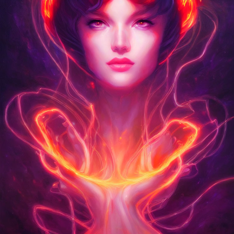 Colorful digital portrait of a woman with red-orange energy on purple background