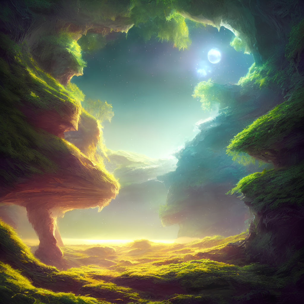 Ethereal landscape with moss-covered cliffs under bright sun