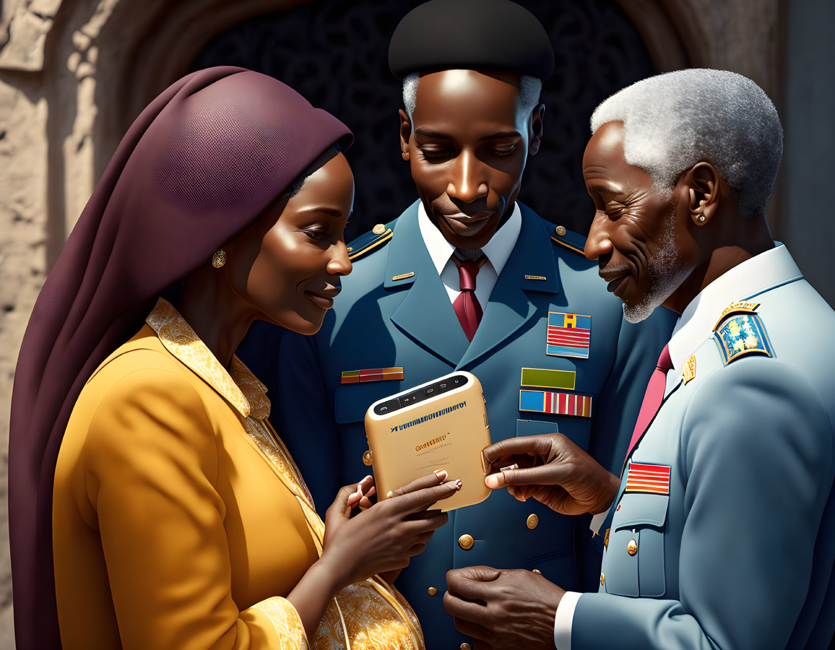 Military Officers in Dress Uniforms Smiling at Smartphone