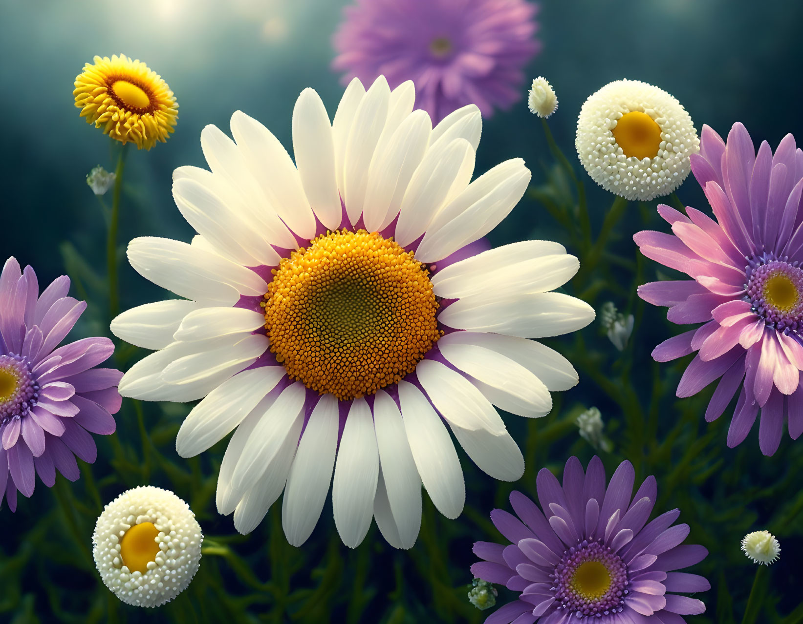 Colorful daisy surrounded by purple flowers in misty forest scene