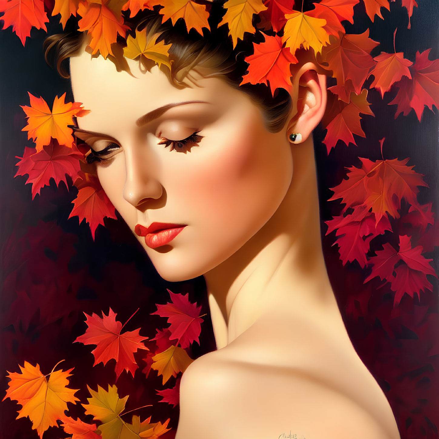 Portrait of woman with autumn leaves in hair on dark background