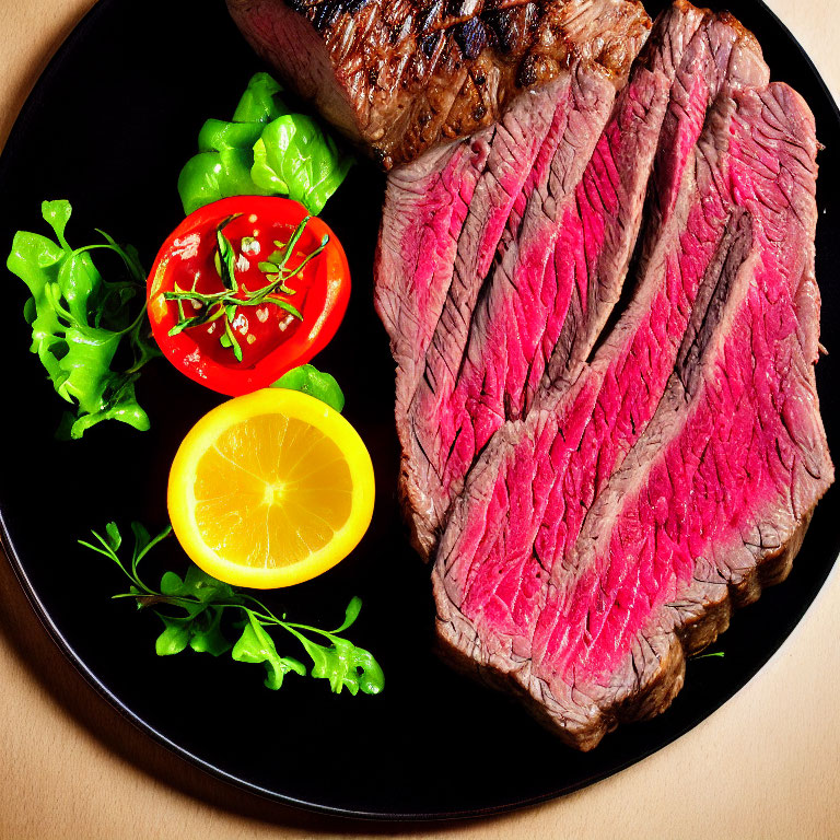 Medium-rare steak with lemon, tomato, and salad on black plate