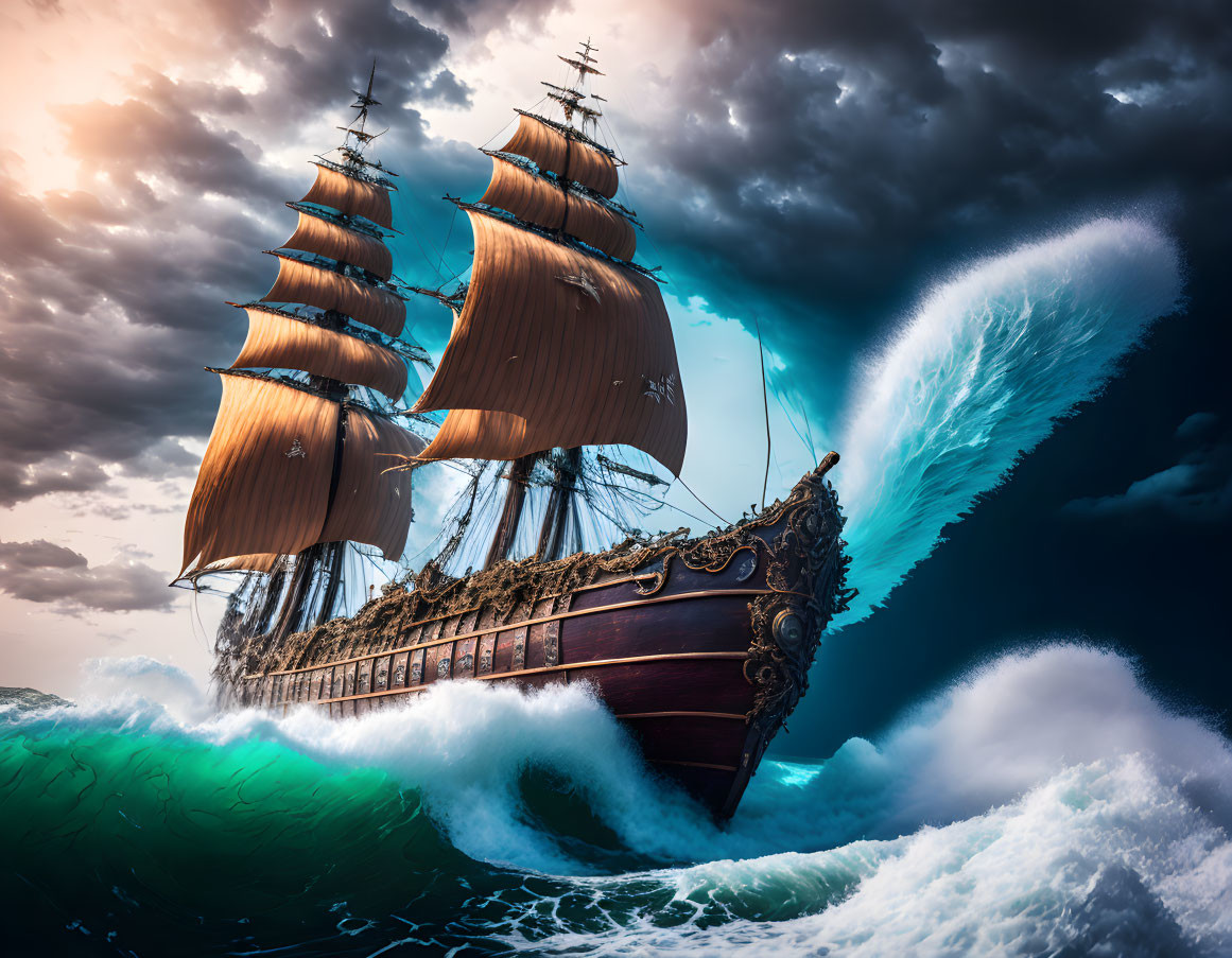 Majestic sailing ship on tumultuous ocean waves