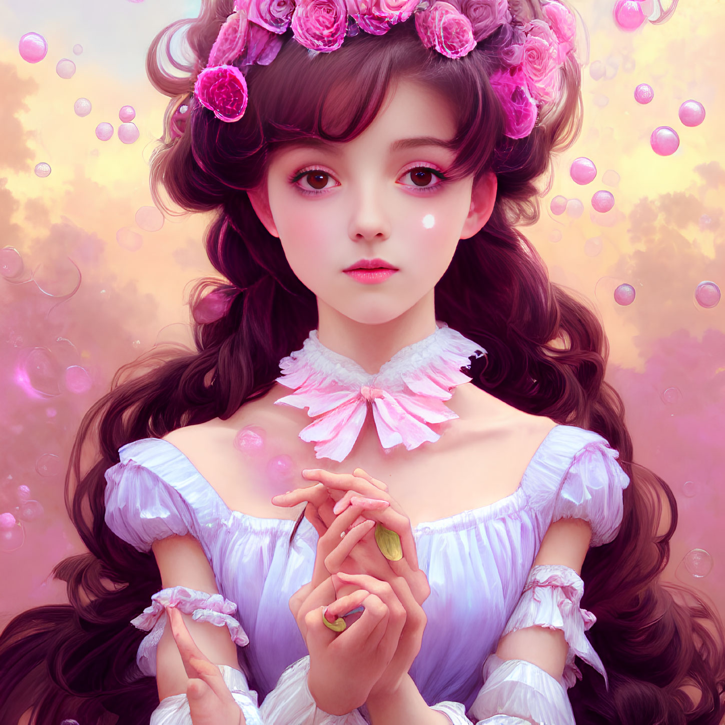 Digital artwork: Girl with expressive eyes and floral wreath in pink bubble-filled sunset.