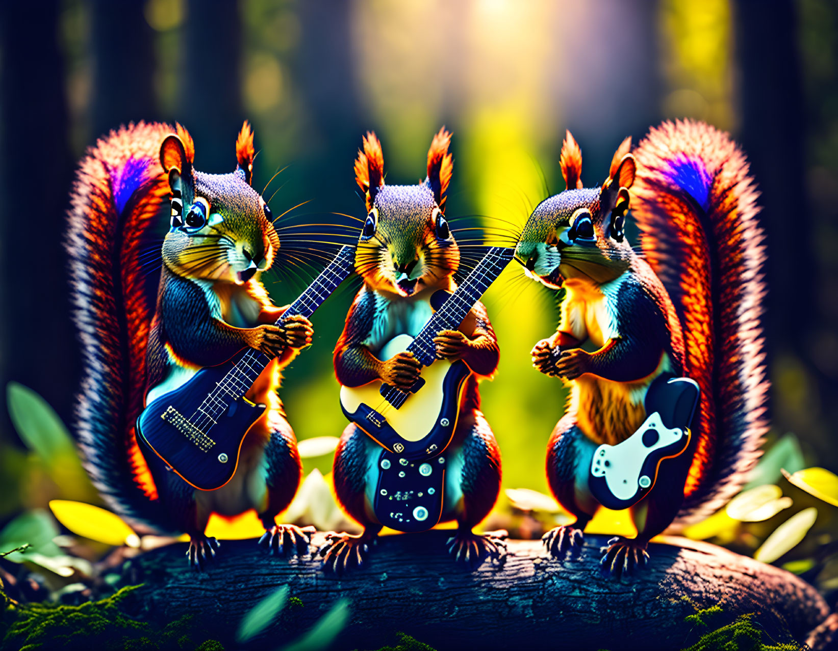 Three animated squirrels playing electric guitars in vibrant enchanted forest