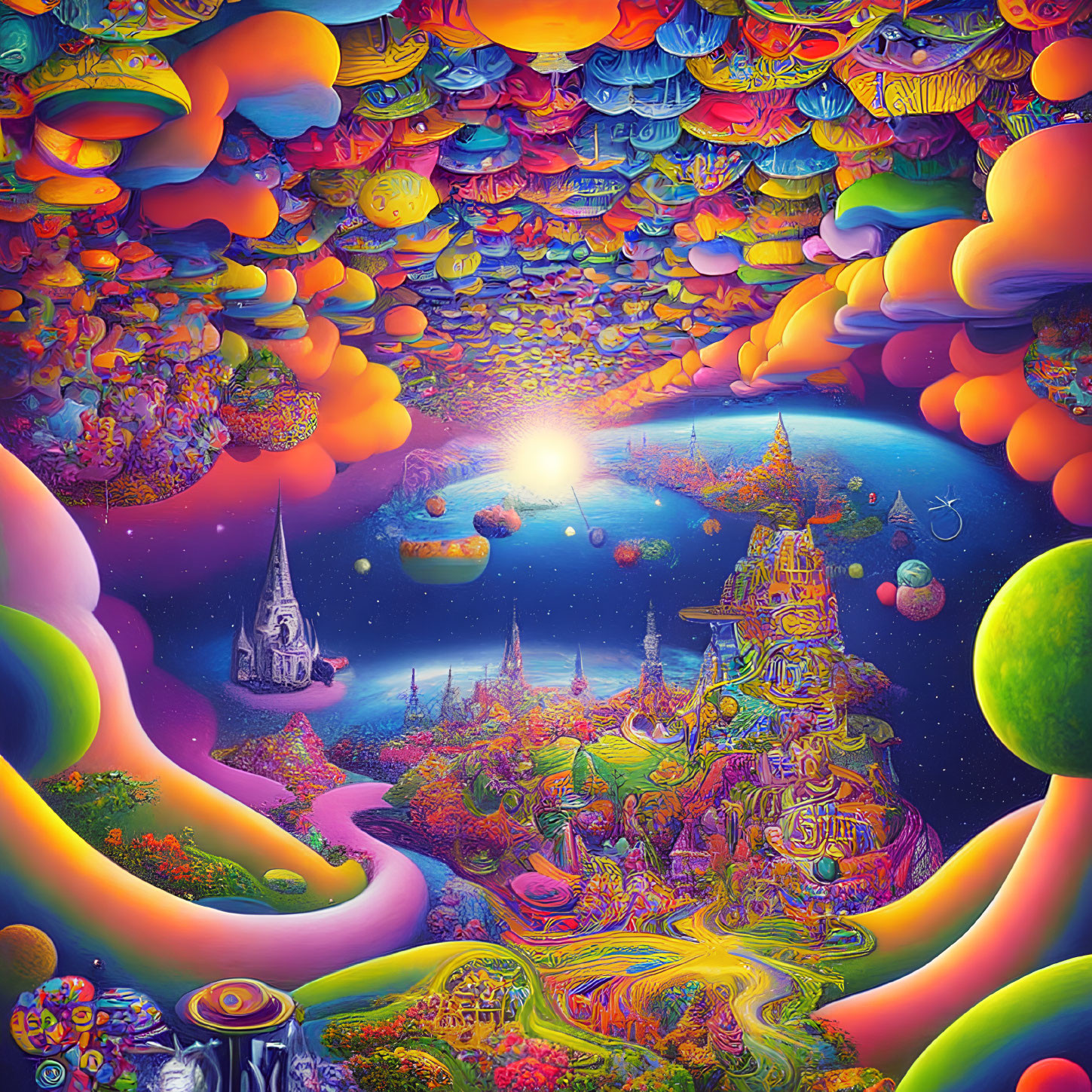 Colorful Psychedelic Landscape with Castle, Rivers, and Islands