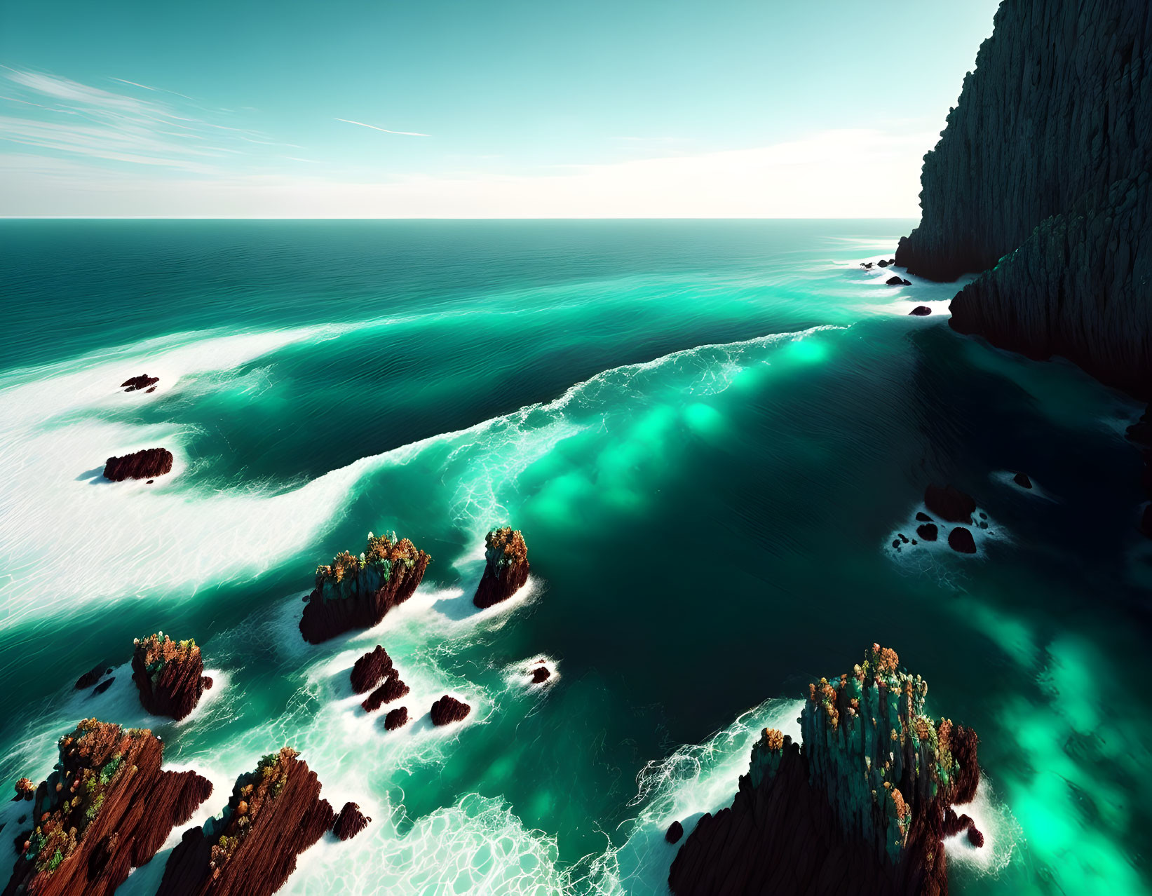 Rugged coastline with rocky cliffs and islets in vibrant turquoise ocean waves