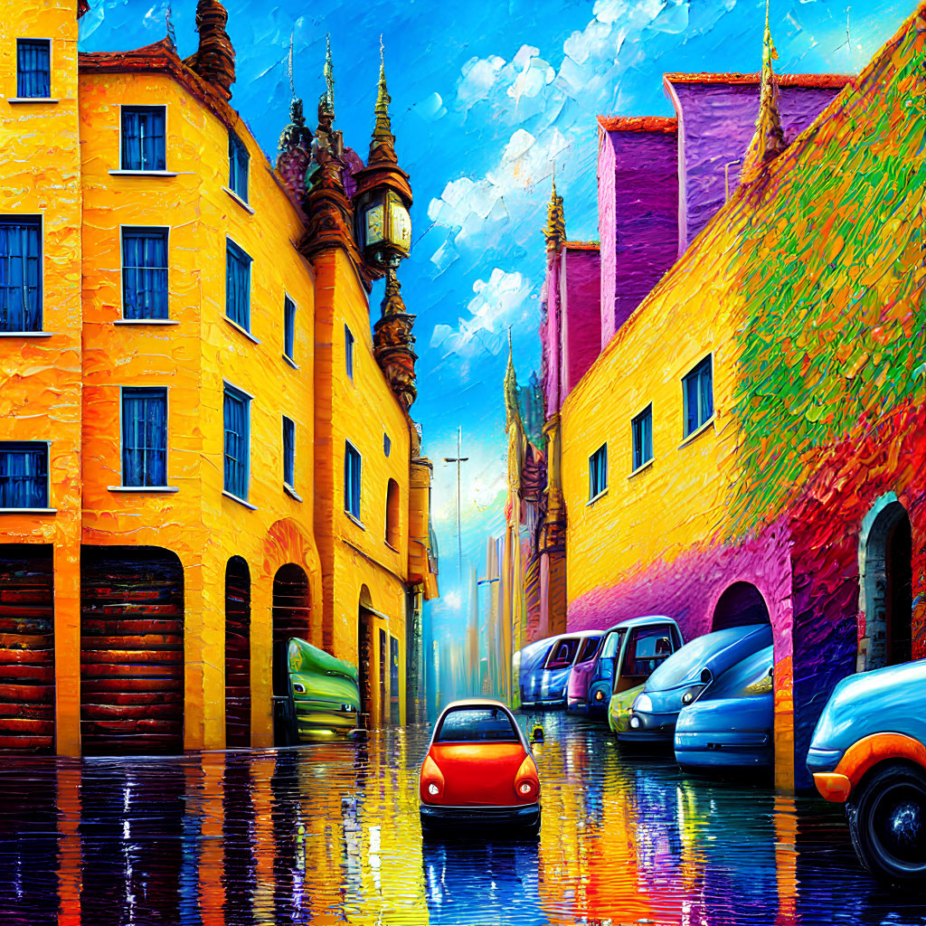 Vibrant Impressionist Painting of Wet Street and Buildings