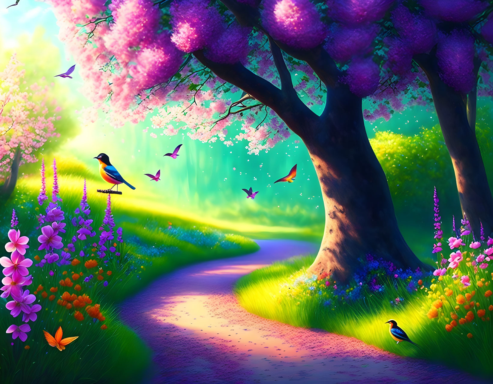 Colorful Illustration: Whimsical Forest Path with Birds and Butterflies