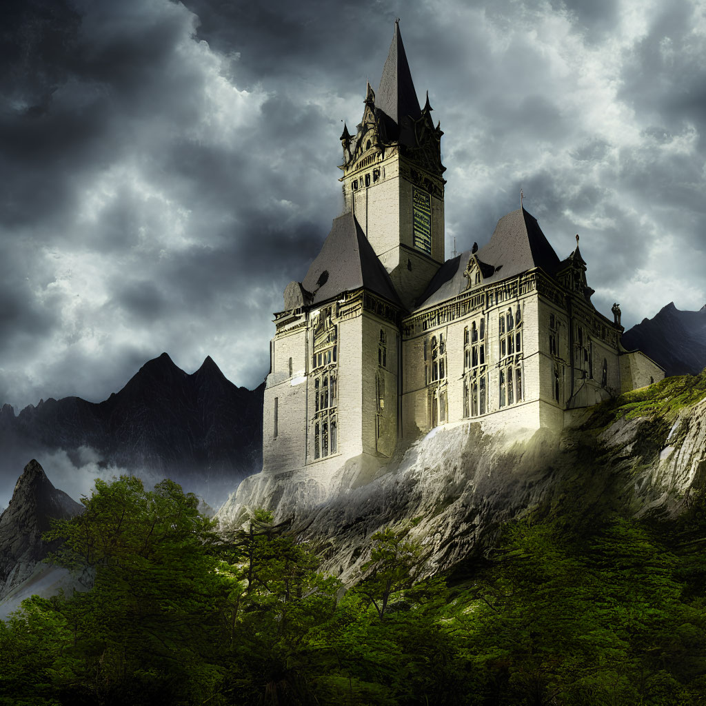 Gothic-style Castle on Cliff with Overcast Skies & Mountains