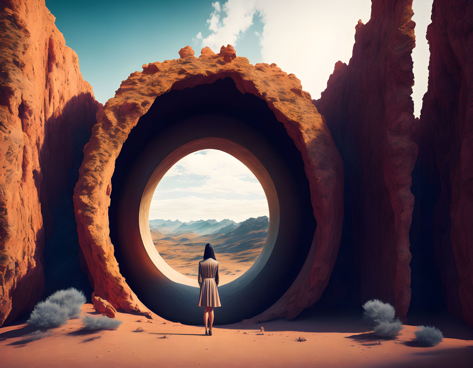 Woman standing by circular rock formation with mountain view