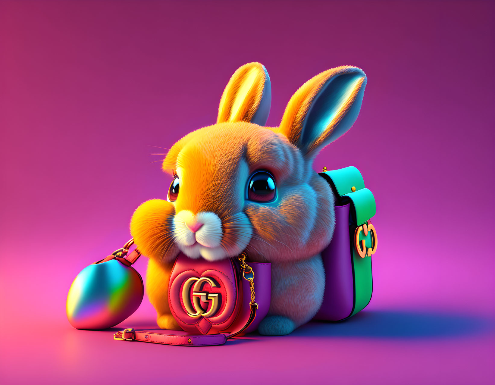 Vibrant rabbit illustration with glossy texture, stylish bag, sunglasses on purple backdrop